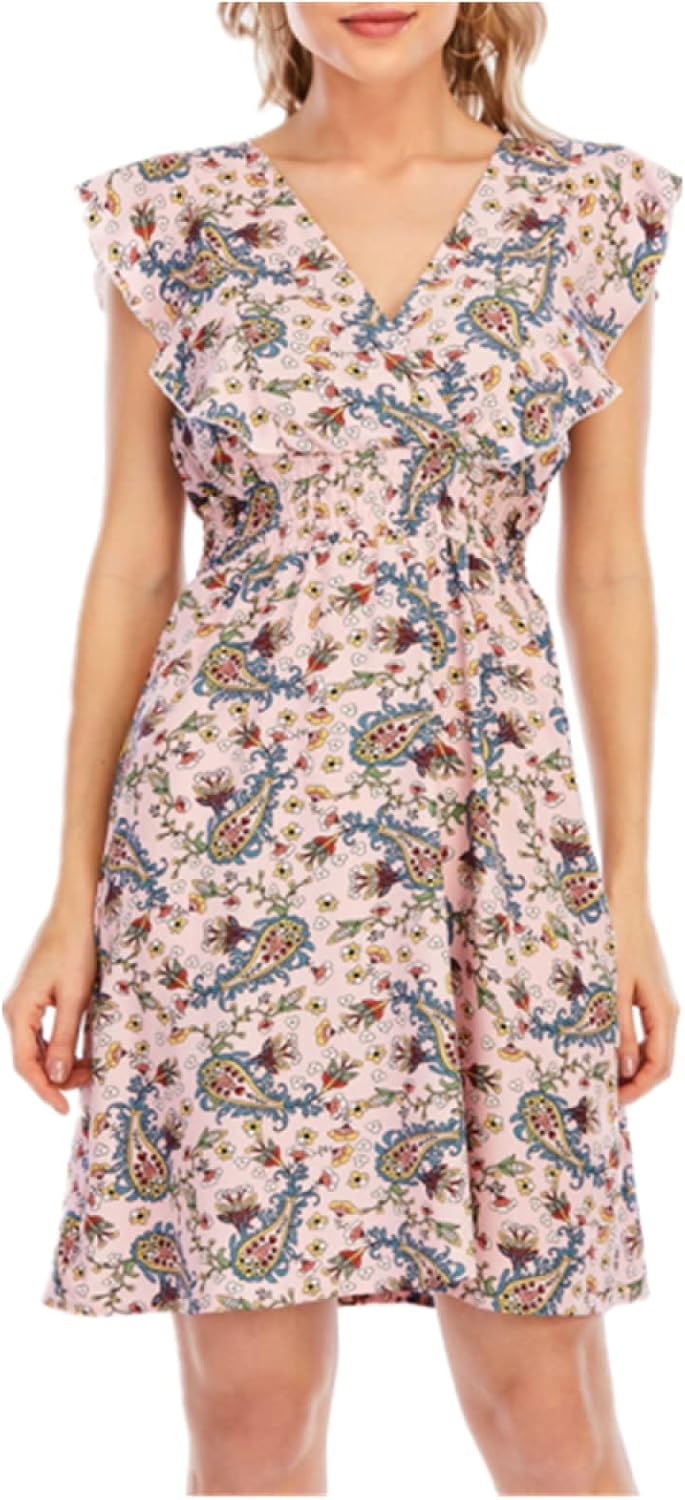 Chloé Abito Mini Donna – Abito in Mussola Floreale con Scollo a V, Volant, Senza Maniche Rosa