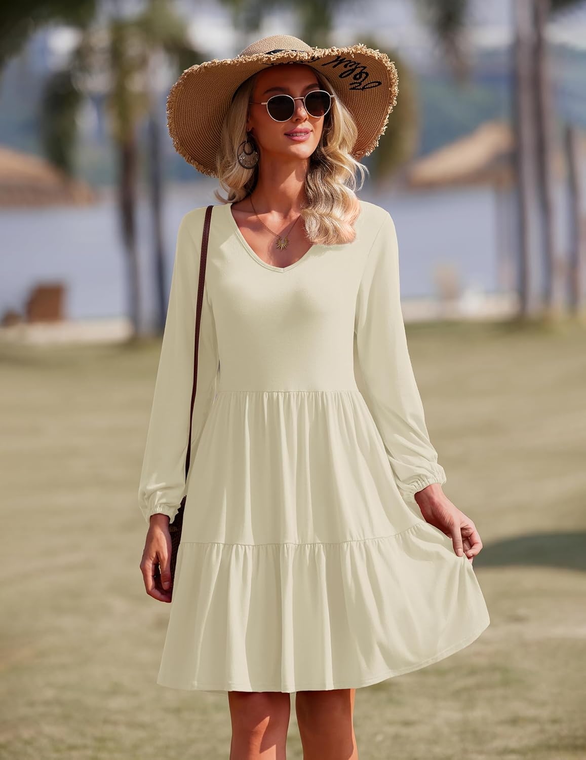 Charlotte Vestito Elegante Donna – Vestito Midi con Scollo a V, Maniche Lunghe a Sbuffo e Tasche