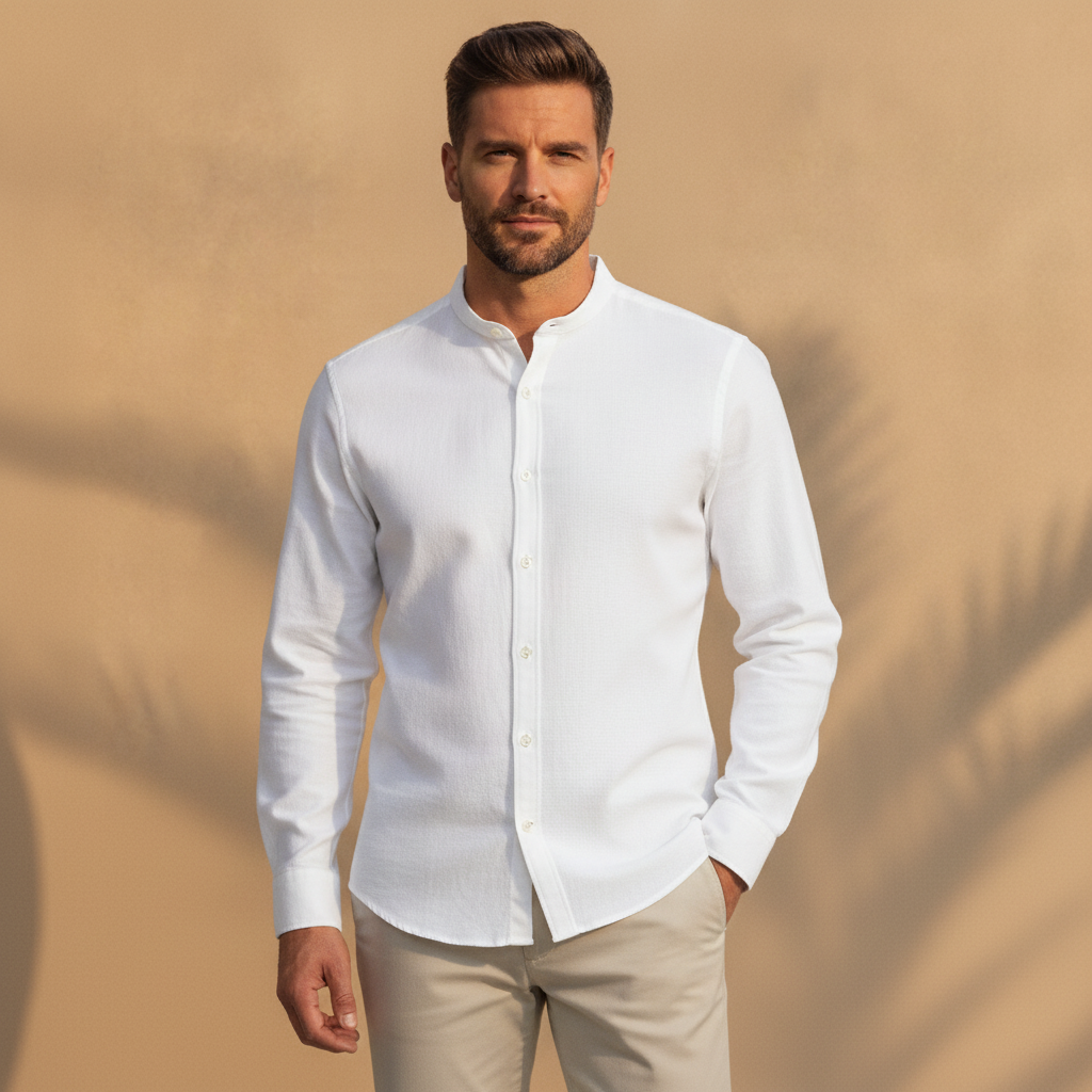 Camicia Uomo in Cotone Leggero – Colletto Classico Estivo - Bianco - indossato