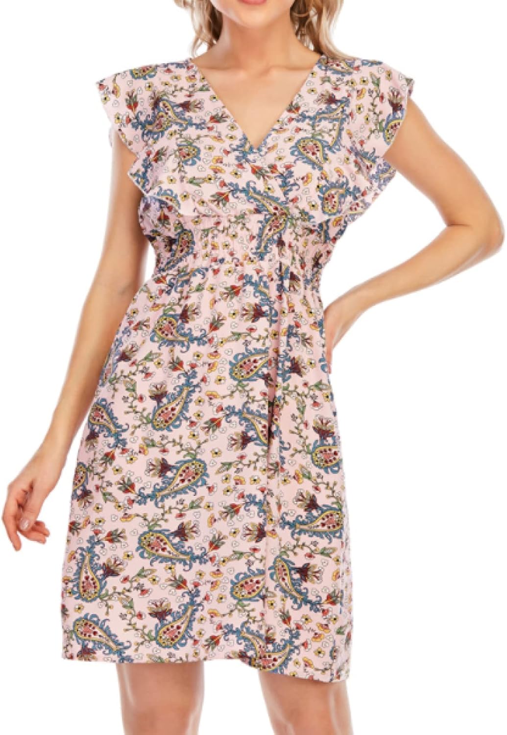 Chloé Abito Mini Donna – Abito in Mussola Floreale con Scollo a V, Volant, Senza Maniche Rosa