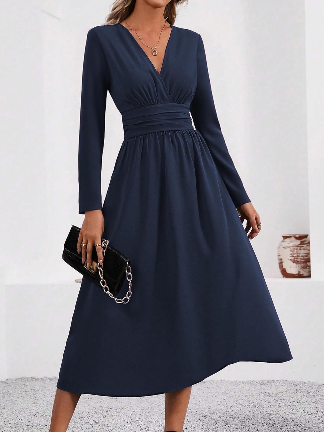 Isabelle Abito Maxi Donna – Abito Scollo a V Incrociato Maniche Lunghe Elegante