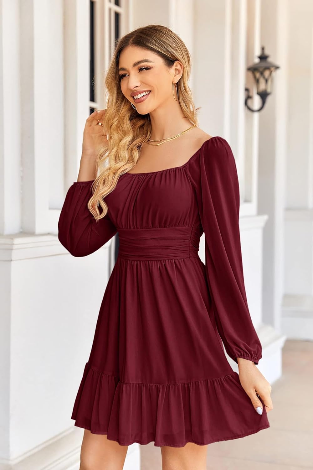 Élodie Abito Lungo Donna – Abito Elegante con Scollo Quadrato, Volant e Maniche Trasparenti