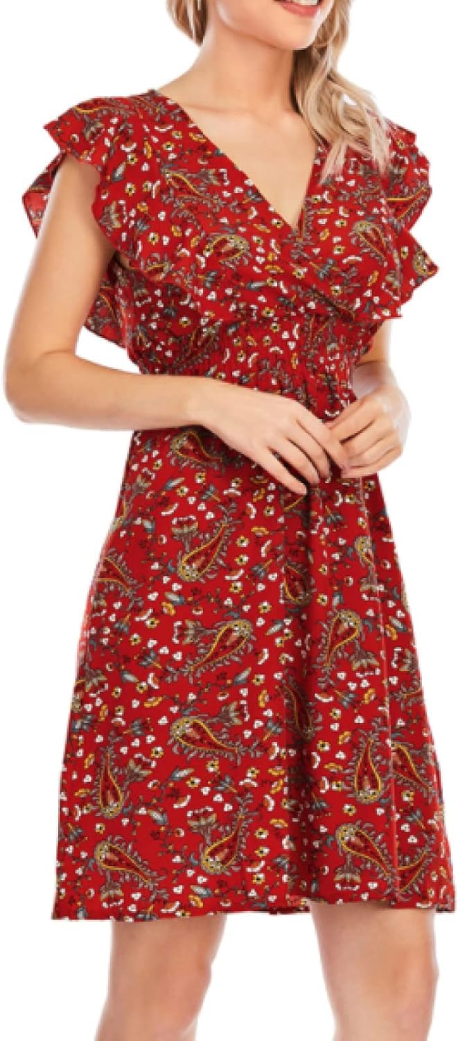 Chloé Abito Mini Donna – Abito in Mussola Floreale con Scollo a V, Volant e Senza Maniche