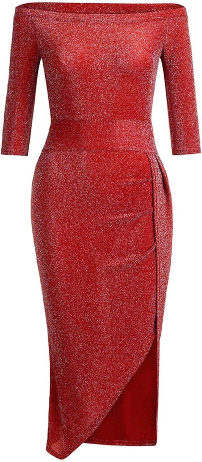 Mia Abito Donna – Abito Mini Spalla Scoperta Spacco Bodycon Brillante Serata