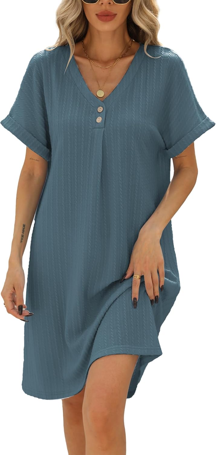 Camille Abito Camicia Donna – Abito Scollo a V Maniche Risvoltate Linea A Estate