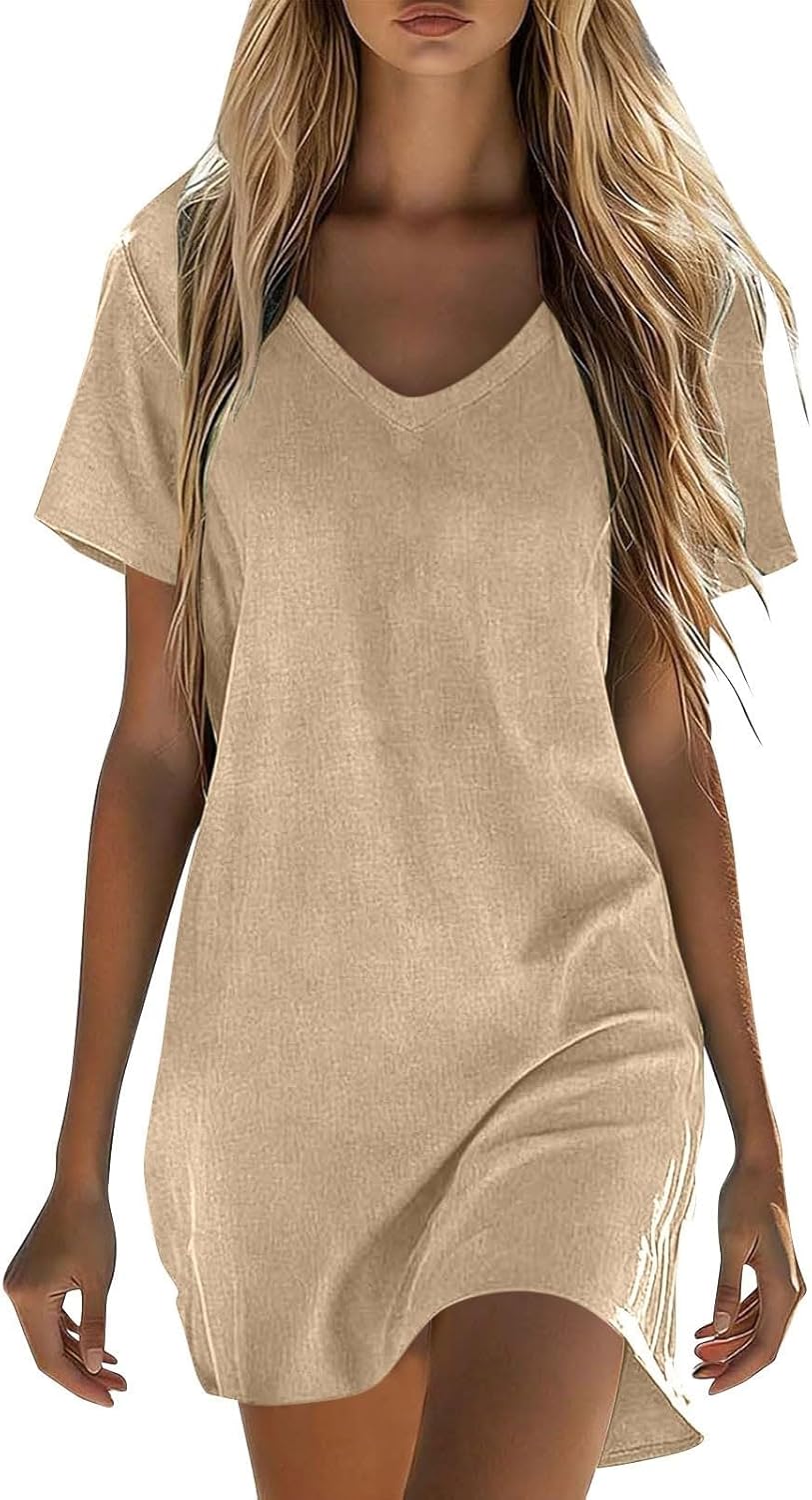 Clara Abito Donna – Abito T-Shirt Lino Mini Collo Tondo Maniche Corte Taglio Fluido Estate