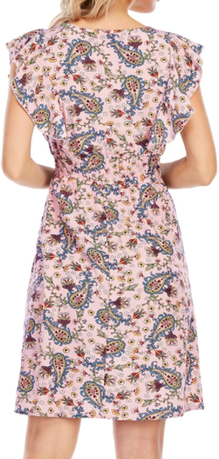 Chloé Abito Mini Donna – Abito in Mussola Floreale con Scollo a V, Volant, Senza Maniche Rosa
