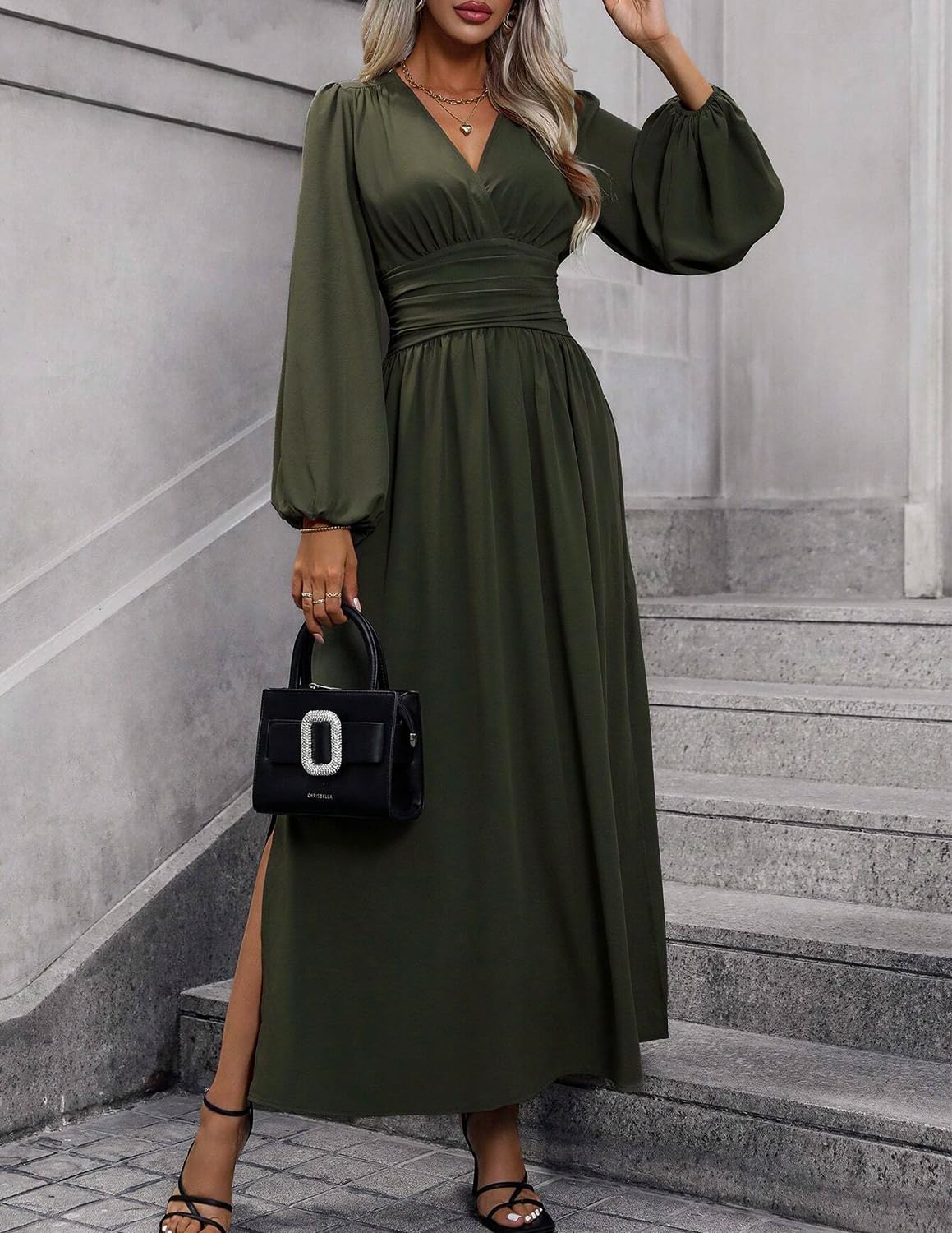 Éliana Abito Lungo Donna – Abito Elegante con Scollo a V, Vita Alta e Maniche a Lanterna