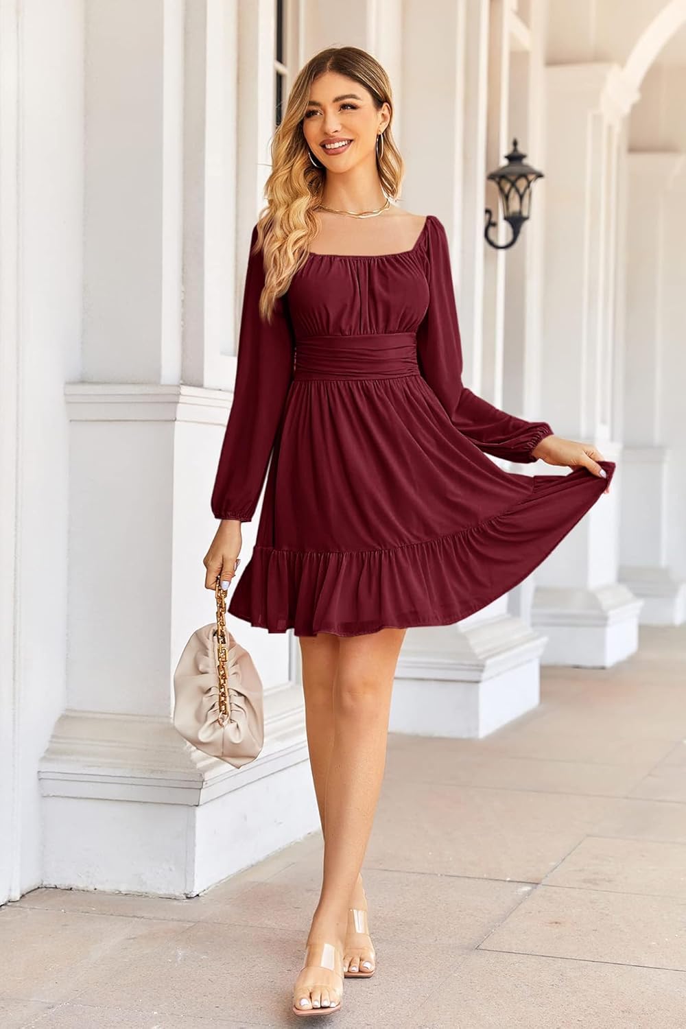 Élodie Abito Lungo Donna – Abito Elegante con Scollo Quadrato, Volant e Maniche Trasparenti