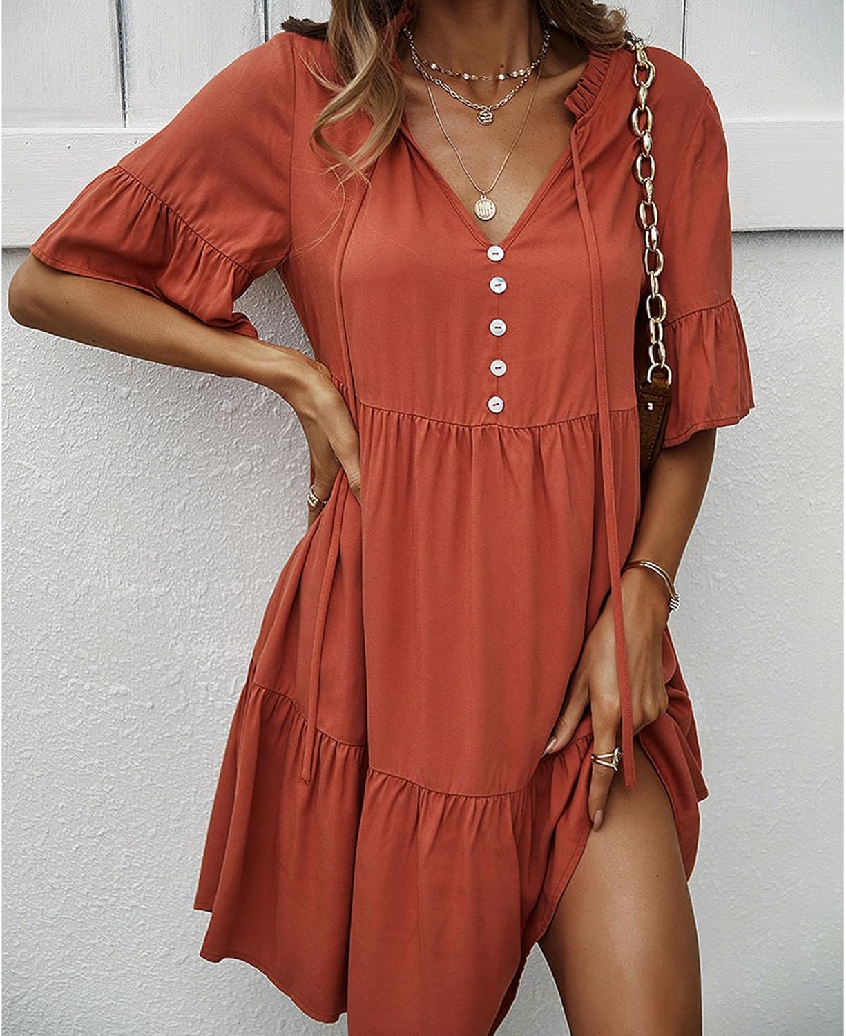 Léa Abito Donna – Abito Mini con Volant, Scollo a V Annodato, Maniche Corte, Elegante, Estate