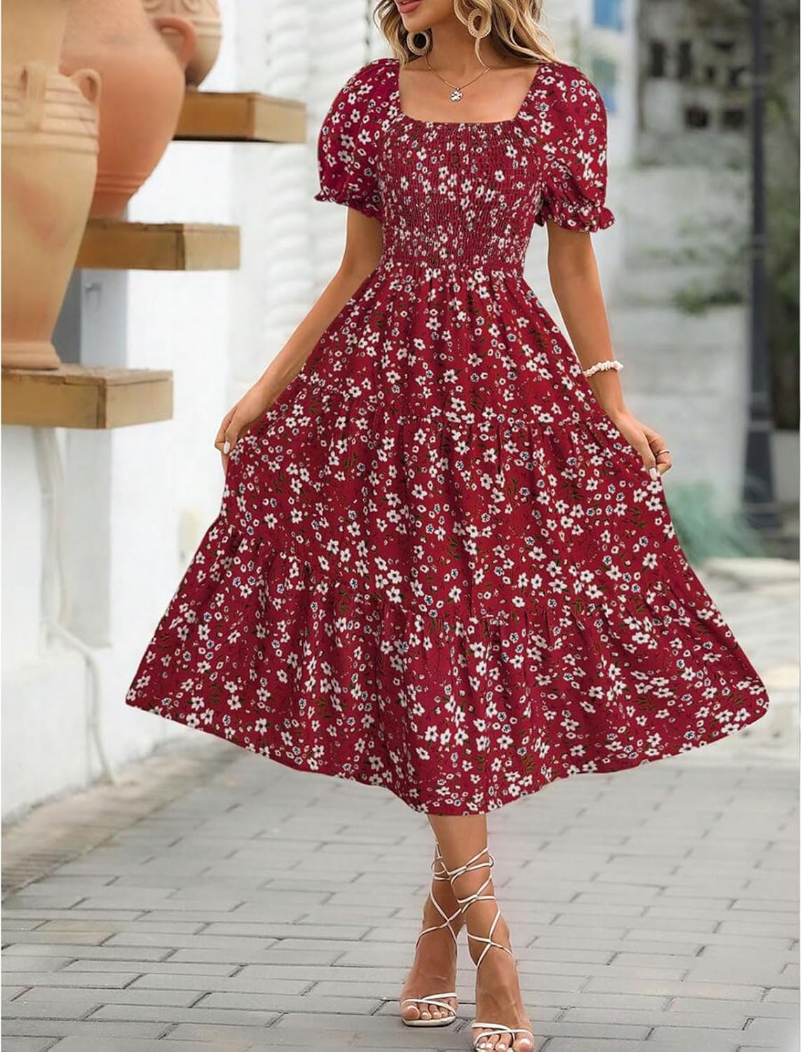 Angeli Robe Donna Fiorita – Maniche a Sbuffo, Vita Annodata, Taglio Mini Estivo Chic