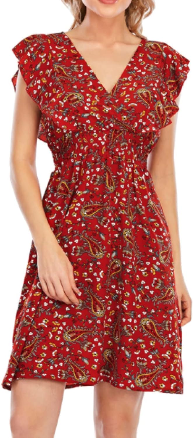 Chloé Abito Mini Donna – Abito in Mussola Floreale con Scollo a V, Volant e Senza Maniche