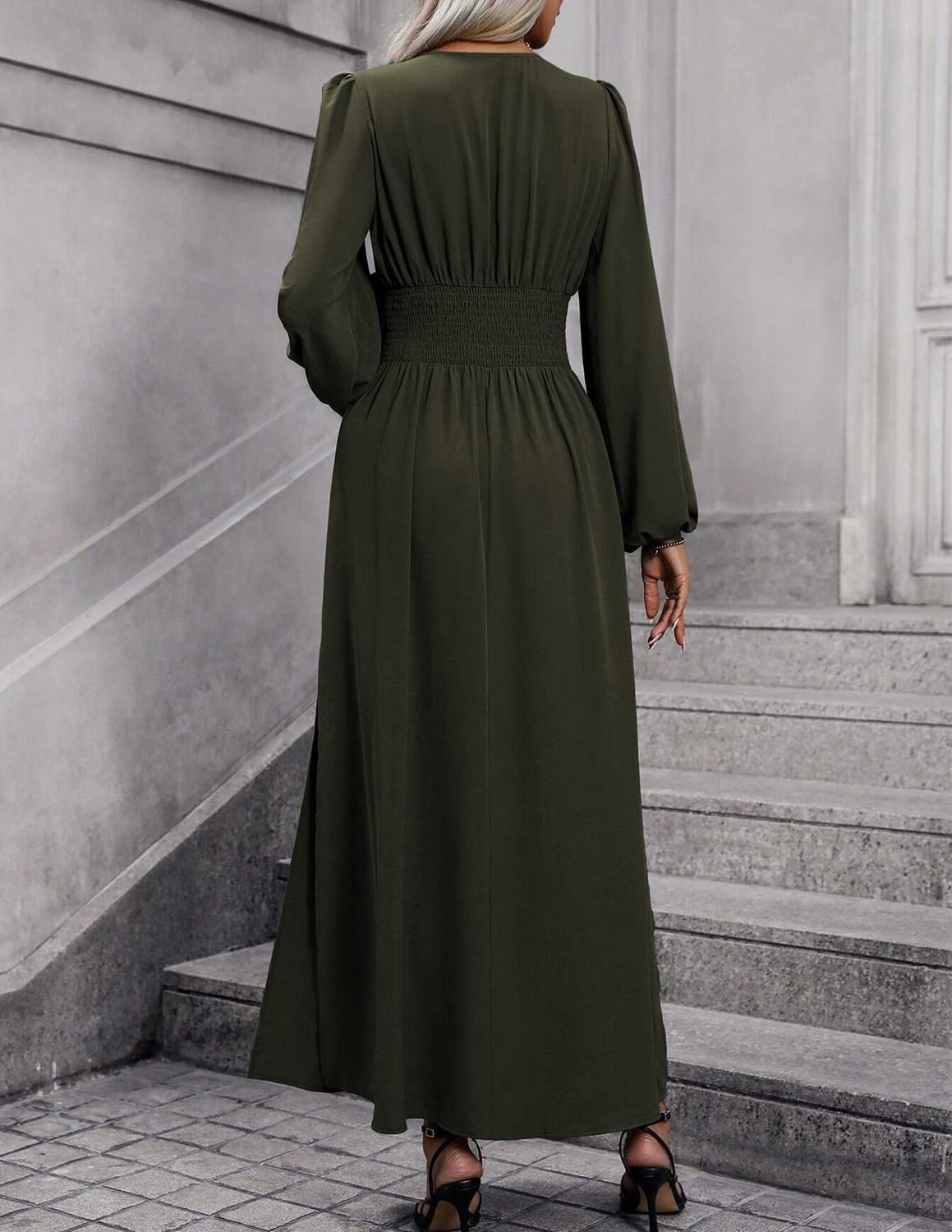 Éliana Abito Lungo Donna – Abito Elegante con Scollo a V, Vita Alta e Maniche a Lanterna