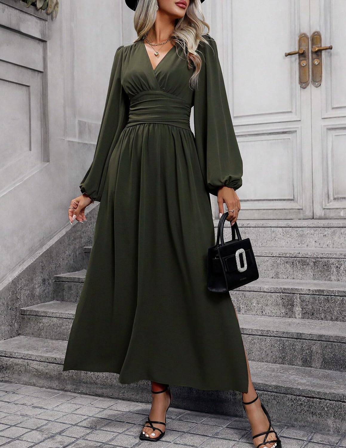 Éliana Abito Lungo Donna – Abito Elegante con Scollo a V, Vita Alta e Maniche a Lanterna