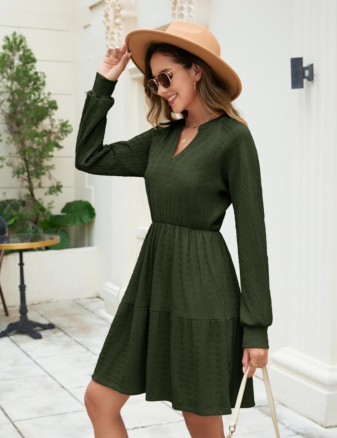 Vestito Midi Emma Donna – Vestito in Maglia con Scollo a V, Vita Elastica, Maniche Lunghe Elegante