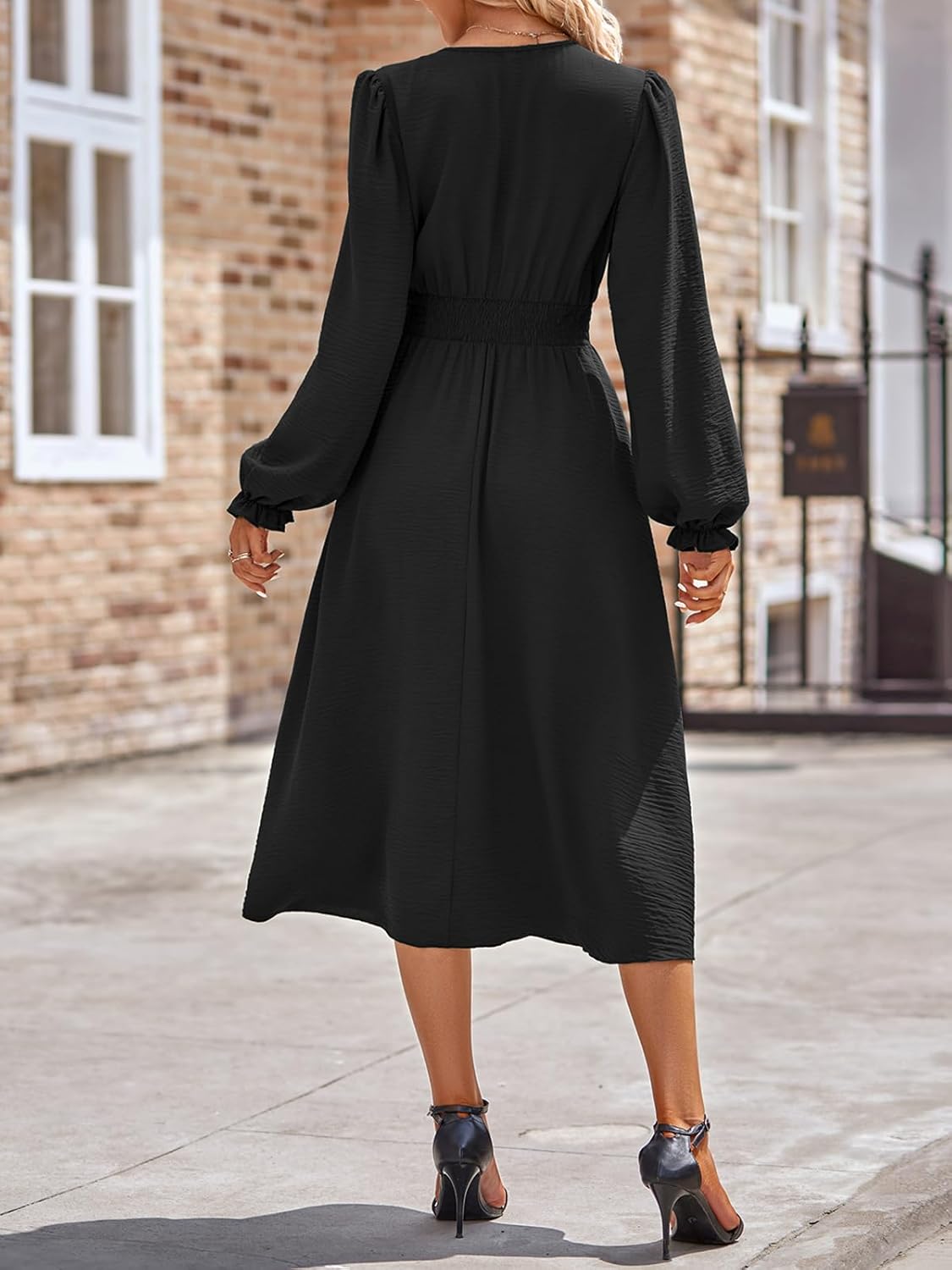 Vestito Emma Donna Midi – Vestito Scollo a V Maniche Lunghe Vita Alta A-Line Elegante