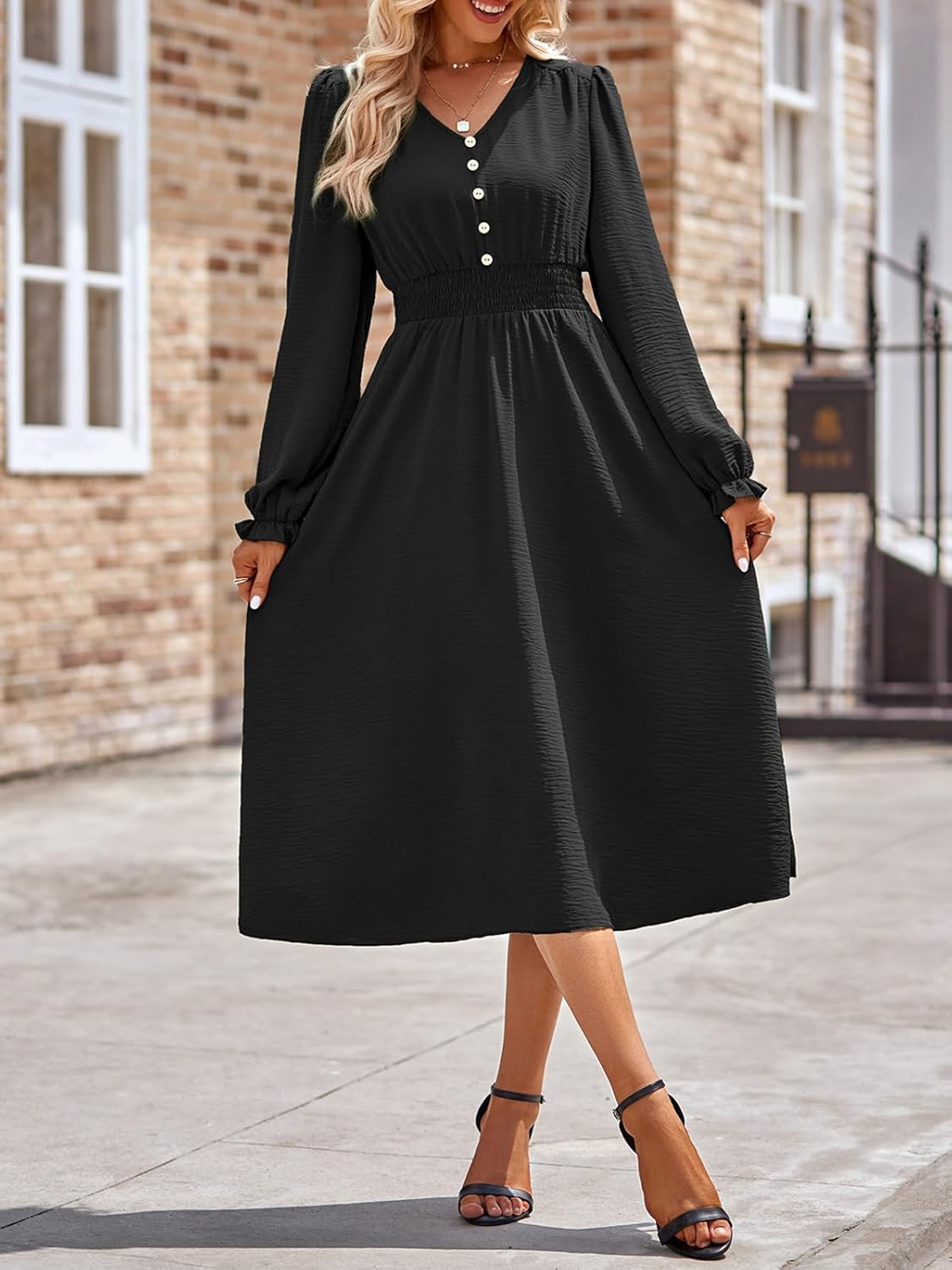 Vestito Emma Donna Midi – Vestito Scollo a V Maniche Lunghe Vita Alta A-Line Elegante