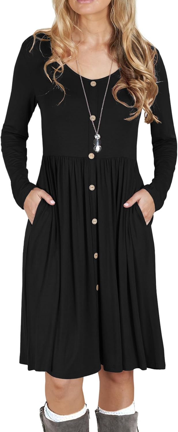 Julie Abito Midi A-Line – Abito Casual Maniche Lunghe con Tasche Donna