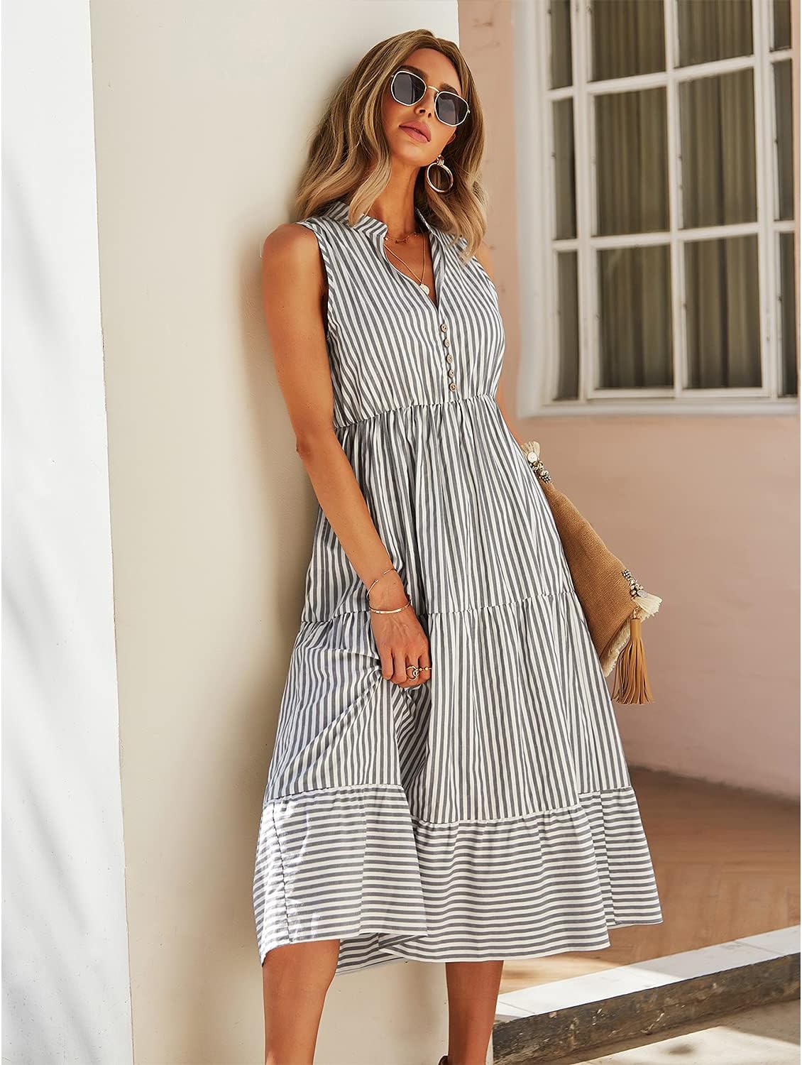 Claire Vestito Camicia Midi Donna – Vestito a Righe Senza Maniche con Scollo a V e Bottoni Elegante