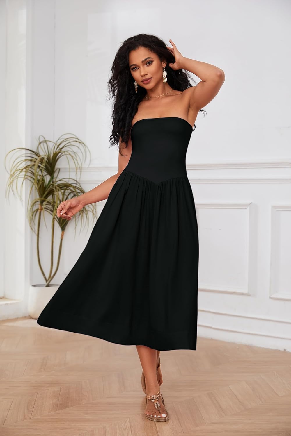 Vestito Midi Lina Donna – Vestito Bustier Senza Maniche Vita Bassa A-Line Estivo Chic