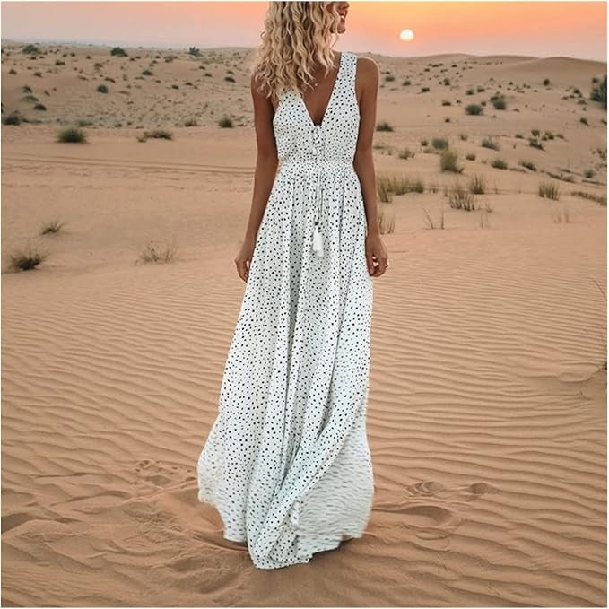 Abito lungo donna in tessuto leggero, scollo a V — vista 4