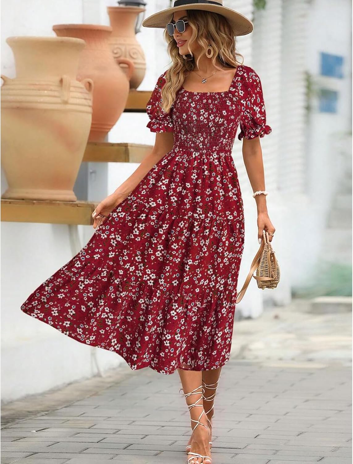 Angeli Robe Donna Fiorita – Maniche a Sbuffo, Vita Annodata, Taglio Mini Estivo Chic