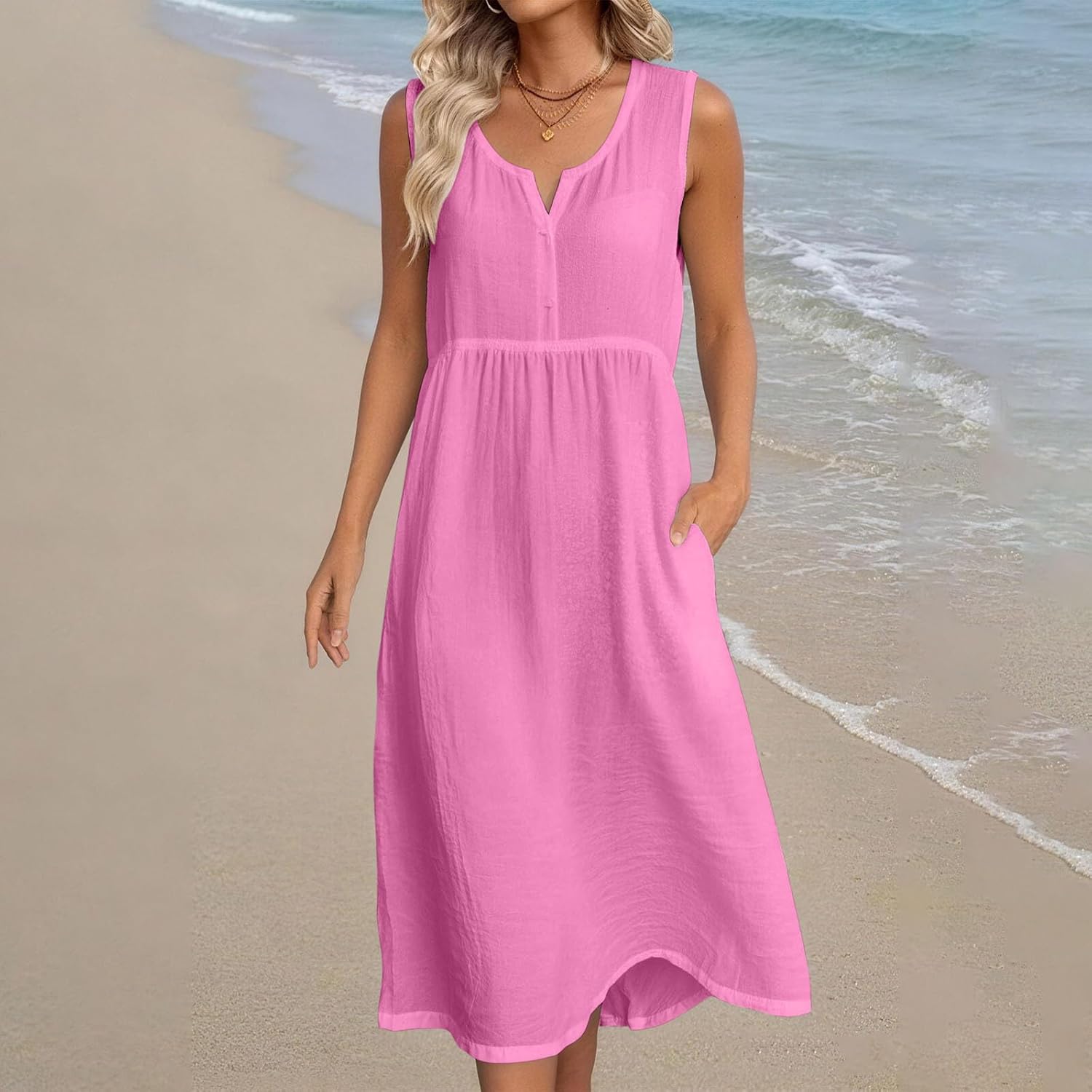 Anna Vestito Donna – Vestito Midi Lino Scollo a V Senza Maniche Tasche Taglio Fluido Estate