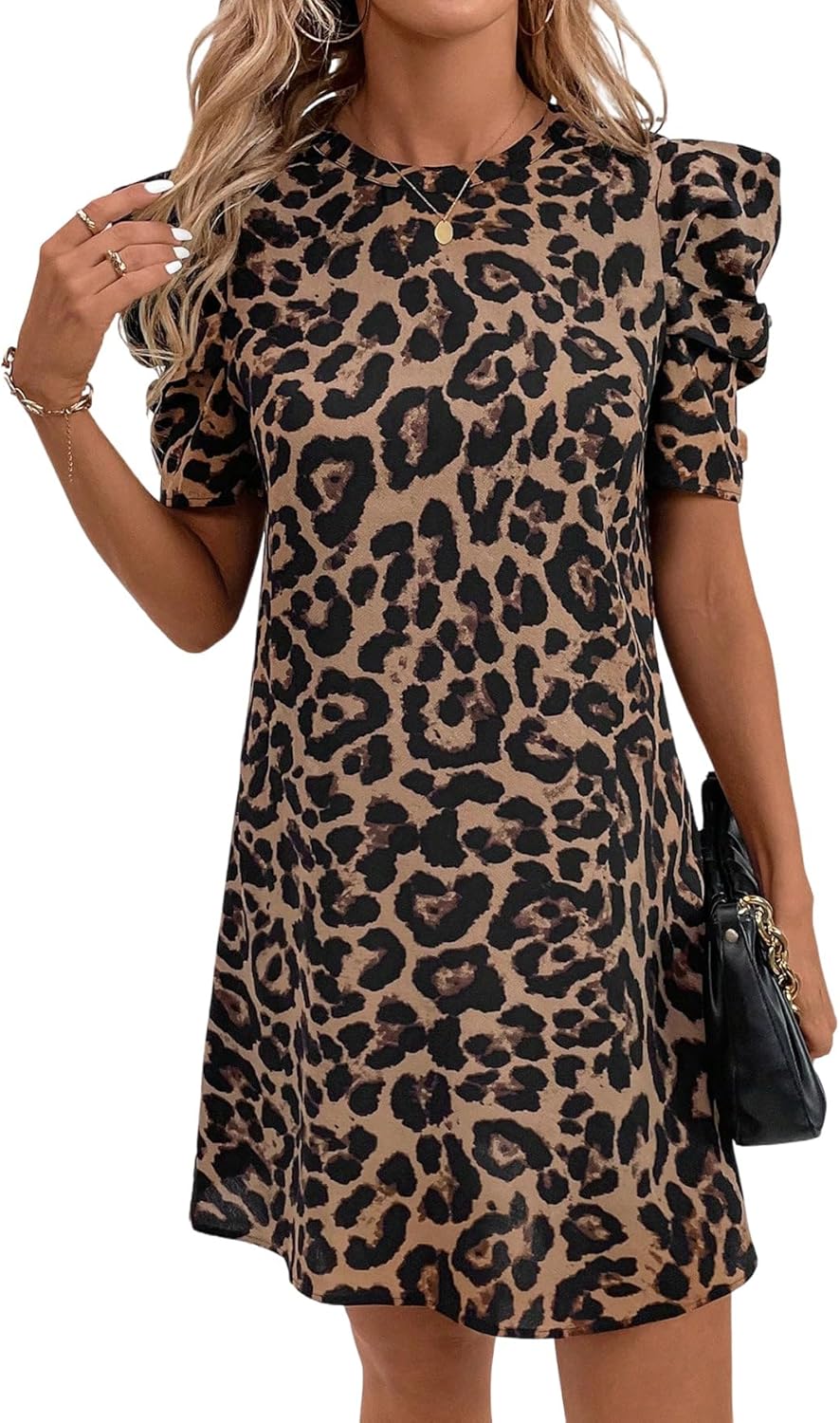 Vestito Mini Nina Donna – Vestito Leopardo Maniche Sbuffo Elegante Estate Chic