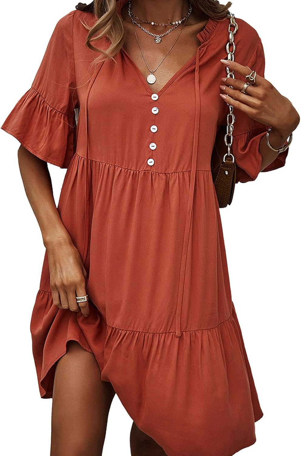 Léa Abito Donna – Abito Mini con Volant, Scollo a V Annodato, Maniche Corte, Elegante, Estate