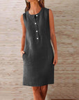 Vestito Nina Donna – Vestito Mini in Lino con Scollo Rotondo, Senza Maniche, Taglio Fluido con Tasche Estate