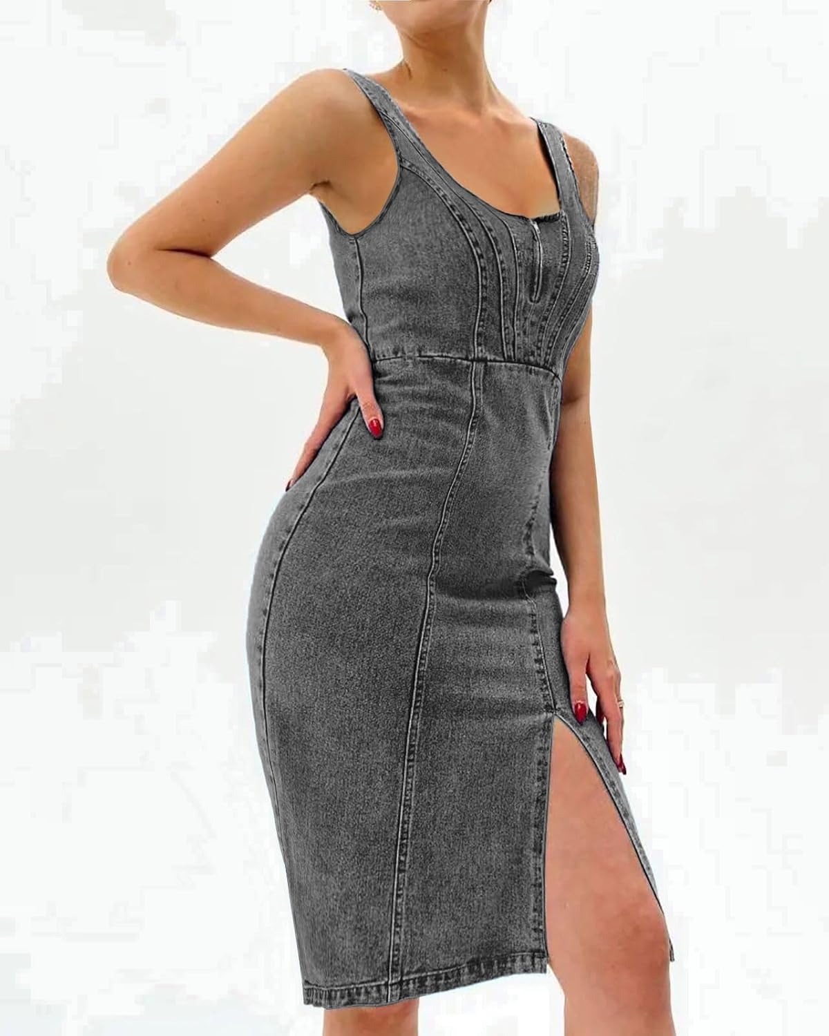 Vestito Sofia in Jeans Midi Donna – Vestito in Denim Attillato con Spacco e Spalline Regolabili