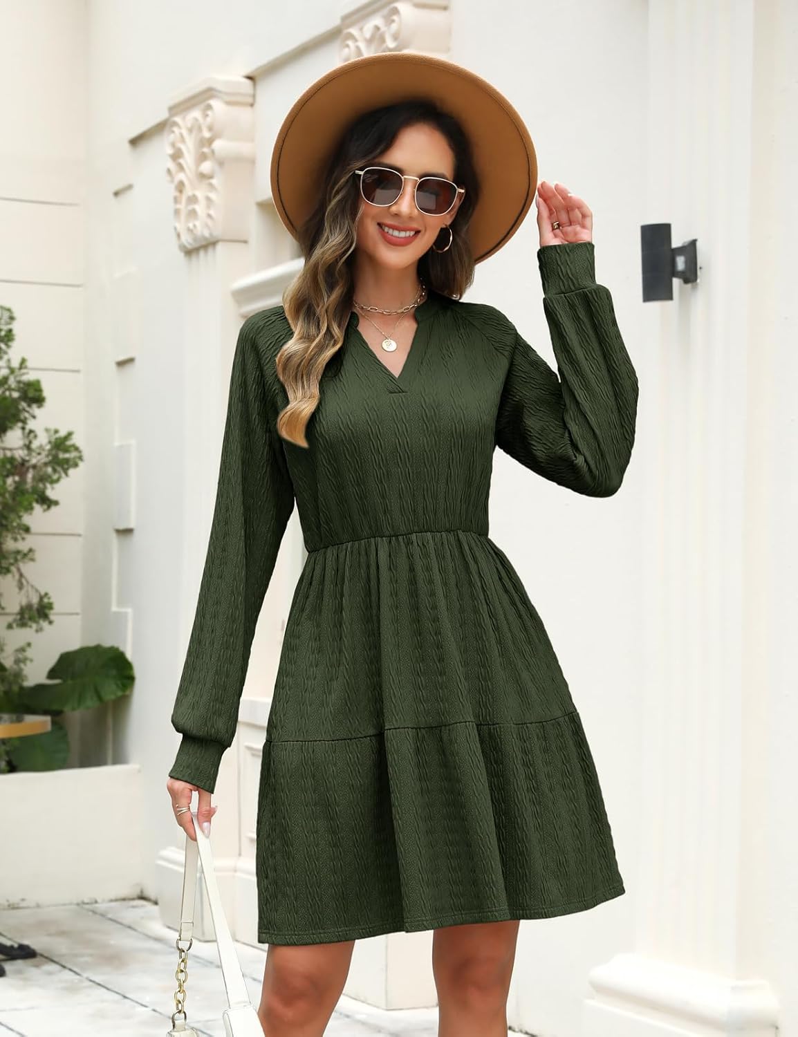 Vestito Midi Emma Donna – Vestito in Maglia con Scollo a V, Vita Elastica, Maniche Lunghe Elegante