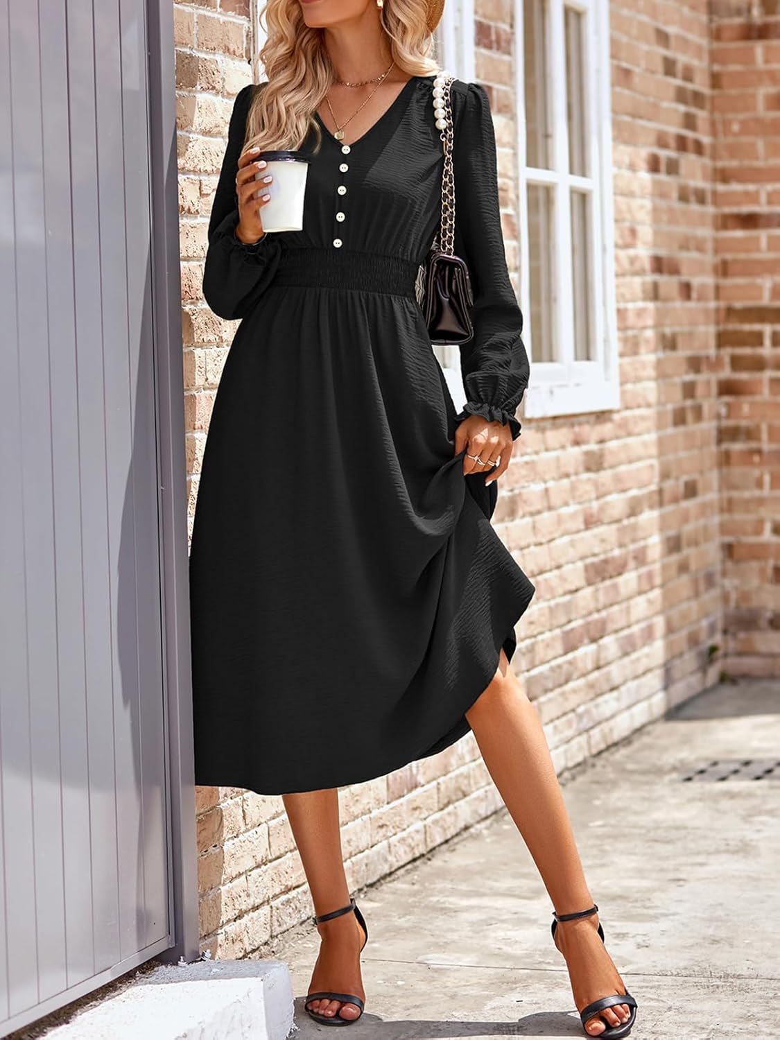Vestito Emma Donna Midi – Vestito Scollo a V Maniche Lunghe Vita Alta A-Line Elegante