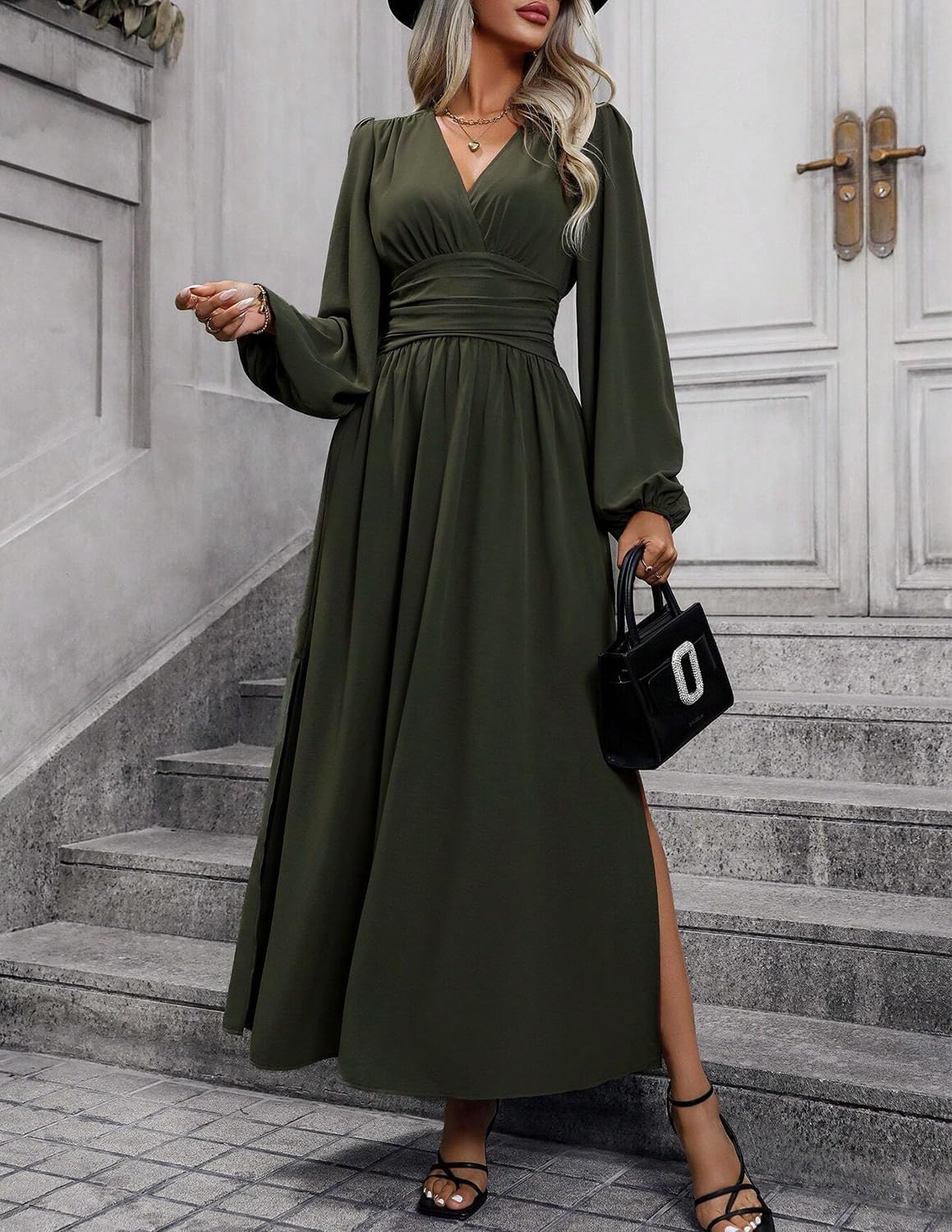 Éliana Abito Lungo Donna – Abito Elegante con Scollo a V, Vita Alta e Maniche a Lanterna