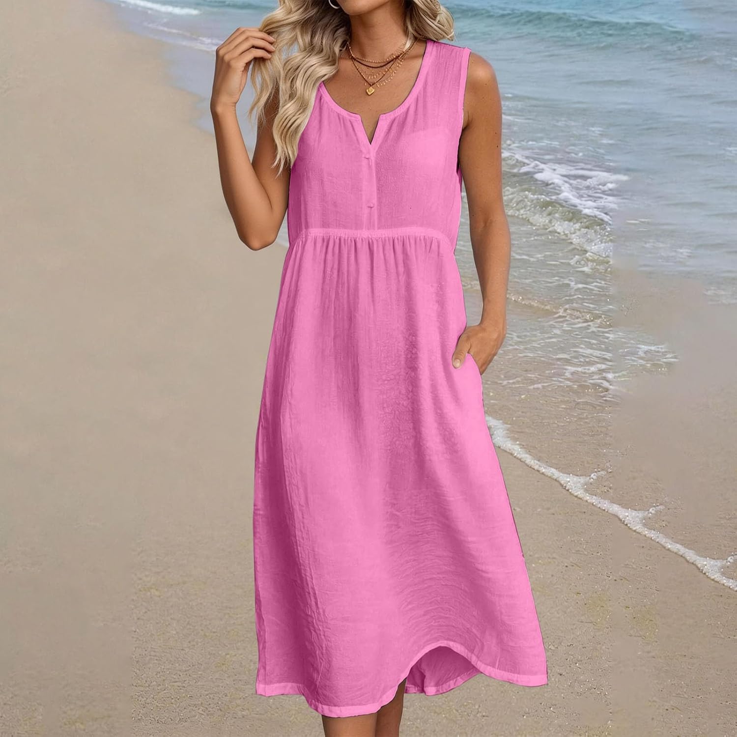 Anna Vestito Donna – Vestito Midi Lino Scollo a V Senza Maniche Tasche Taglio Fluido Estate