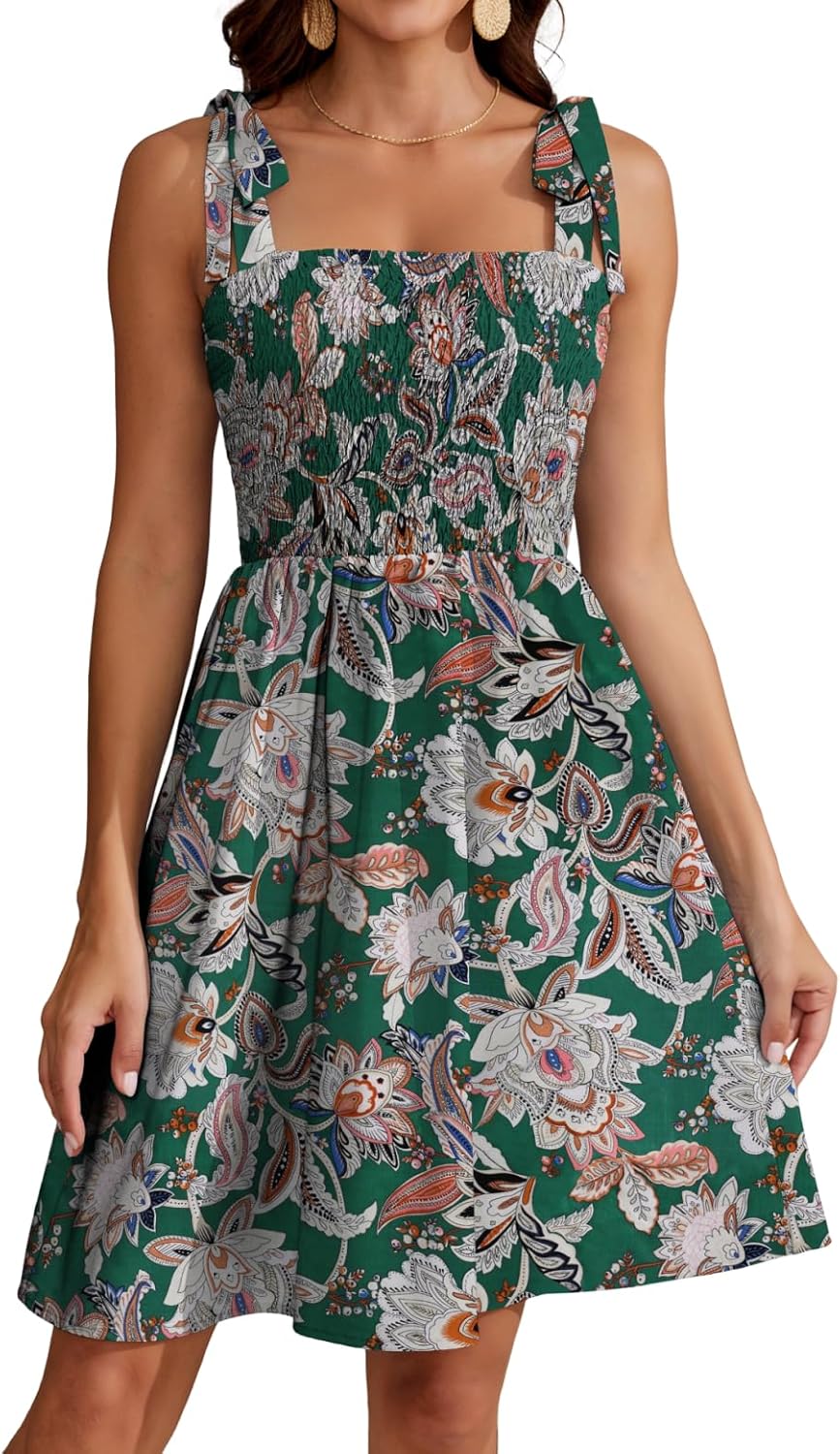 Vestito estivo Lina da donna – Vestito floreale con scollo quadrato, spalline, vita alta, linea a trapezio