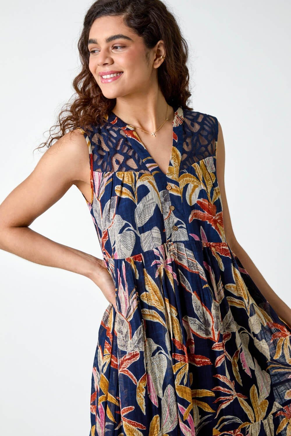 Vestito Lina Donna Cotone – Vestito Floreale Scollo a V Pizzo Gonna a Volant Estate Elegante