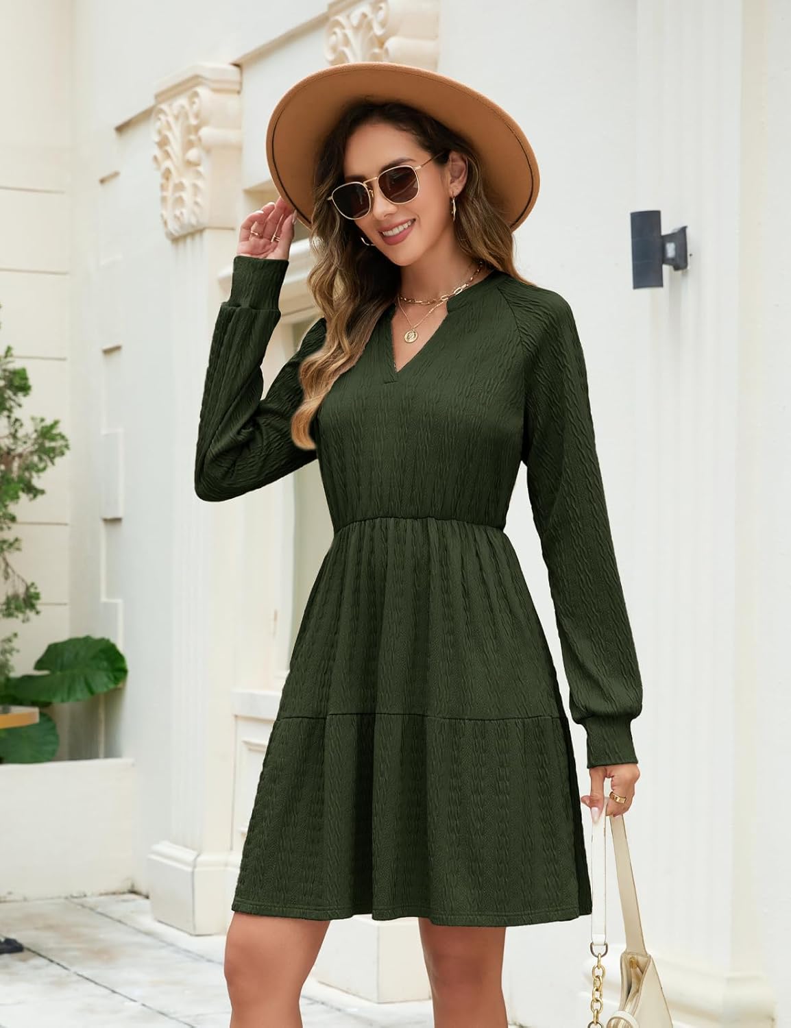 Vestito Midi Emma Donna – Vestito in Maglia con Scollo a V, Vita Elastica, Maniche Lunghe Elegante