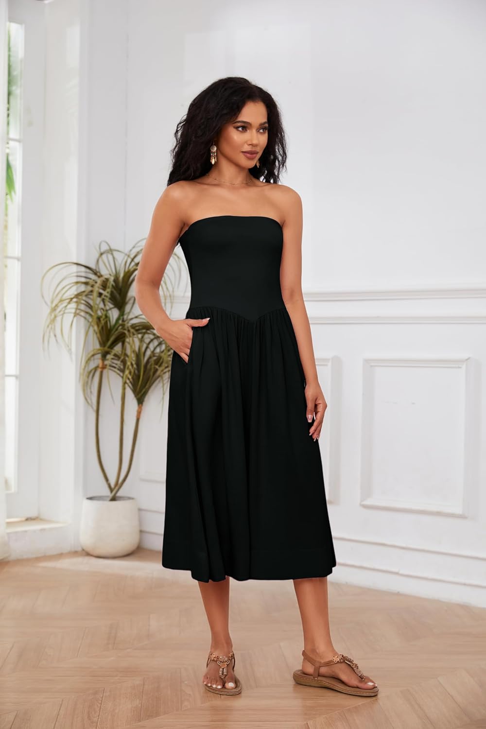Vestito Midi Lina Donna – Vestito Bustier Senza Maniche Vita Bassa A-Line Estivo Chic