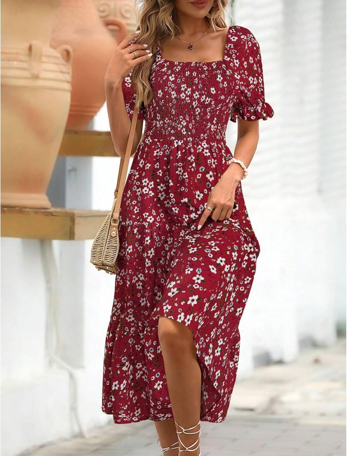 Angeli Robe Donna Fiorita – Maniche a Sbuffo, Vita Annodata, Taglio Mini Estivo Chic