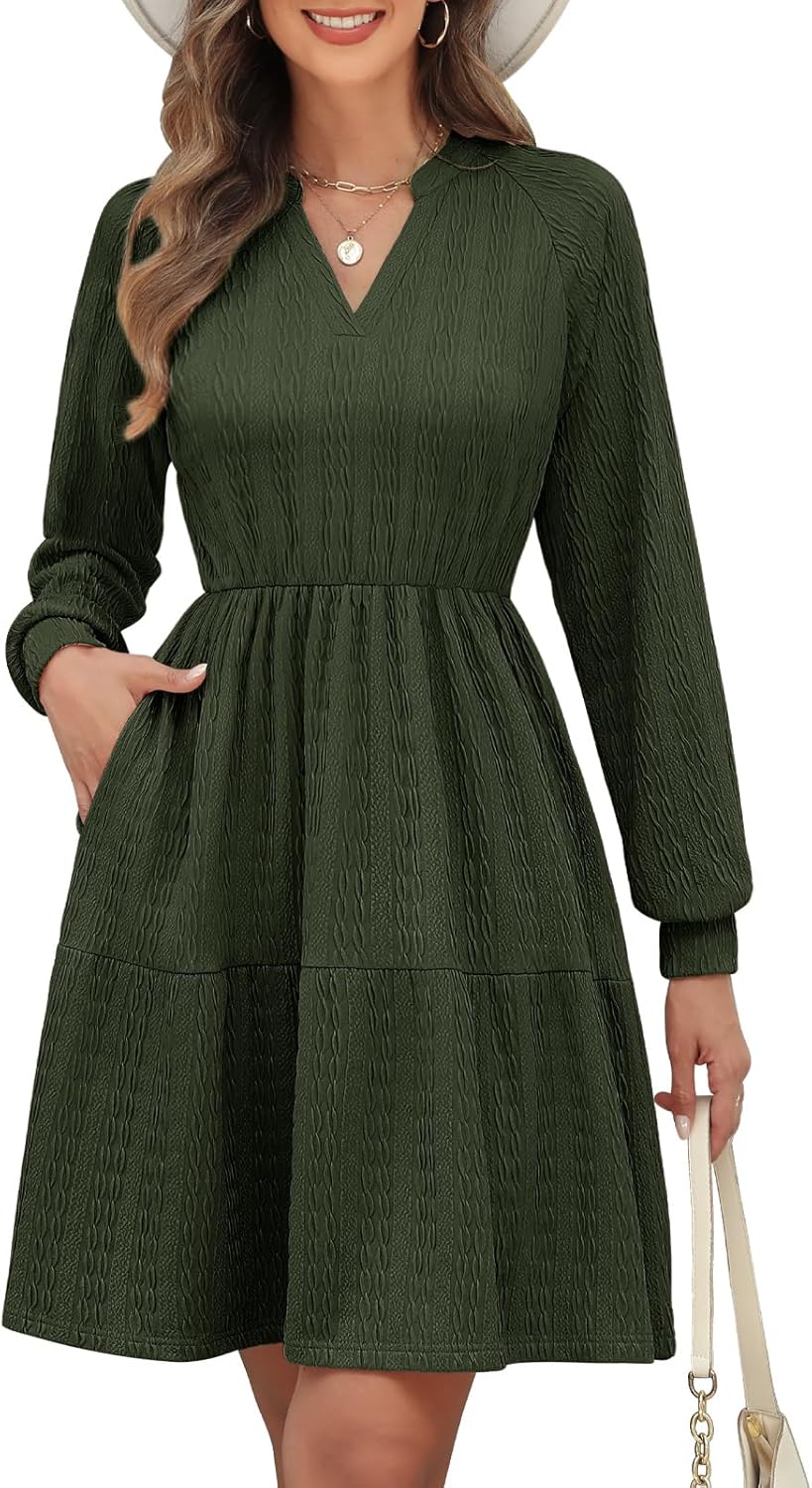 Vestito Midi Emma Donna – Vestito in Maglia con Scollo a V, Vita Elastica, Maniche Lunghe Elegante