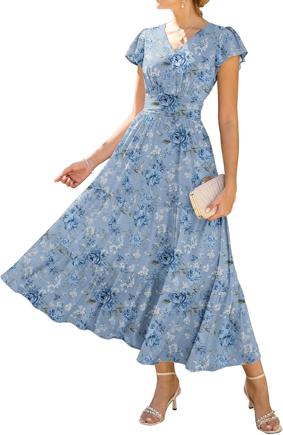 Sophie Abito Donna Midi Floreale – Scollo a V, Maniche a Volant, Vita Segnata, Tasche