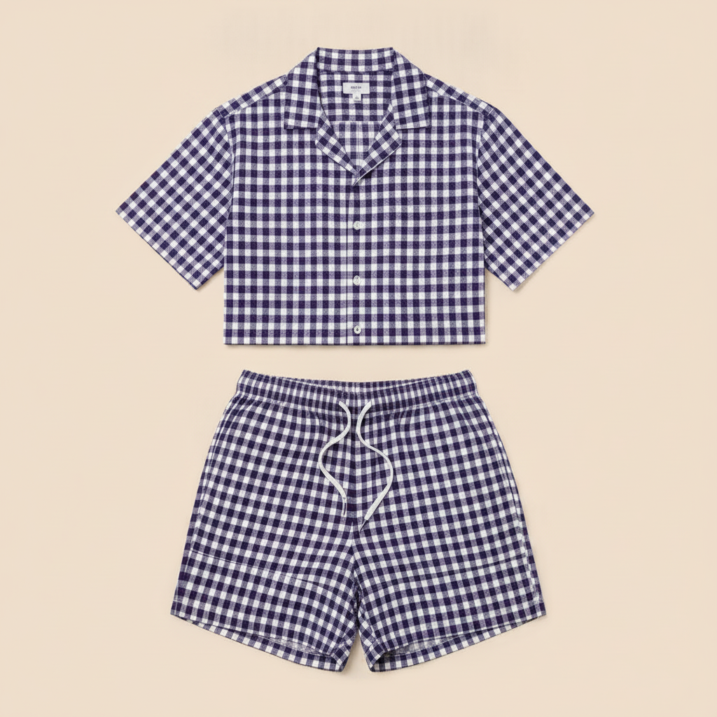 Completo Coordinato Uomo Camicia Madras e Pantaloncini - Arancio e Navy