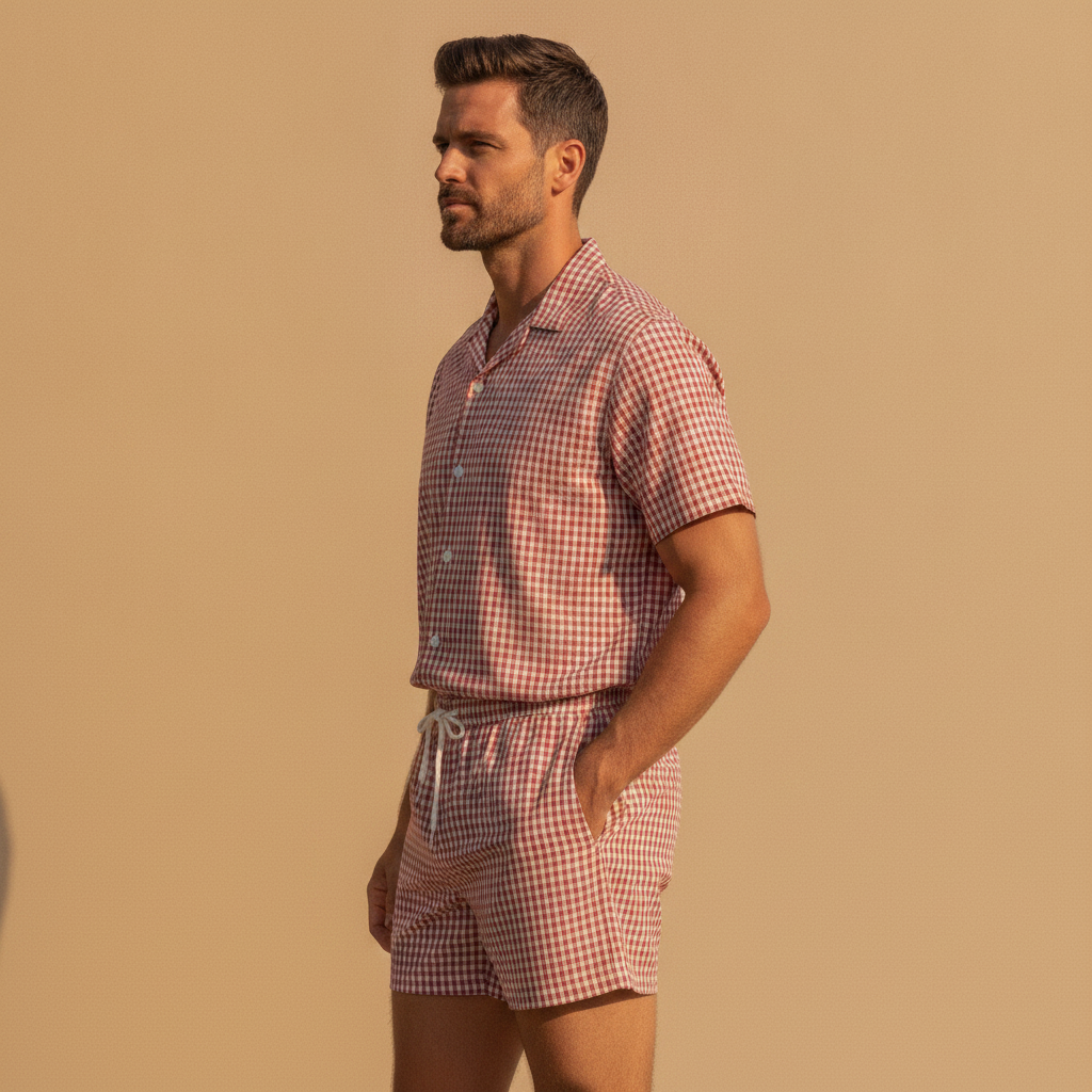 Completo Coordinato Uomo Camicia Quadretti Vichy e Pantaloncini - vista laterale