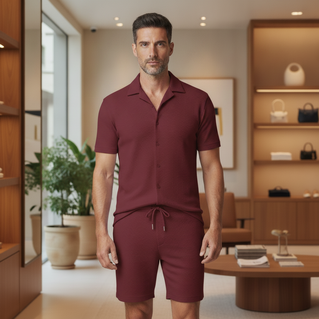 Completo Coordinato Uomo Camicia Bowling e Pantaloncini - Bordeaux - indossato