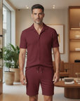 Completo Coordinato Uomo Camicia Bowling e Pantaloncini - Bordeaux - indossato