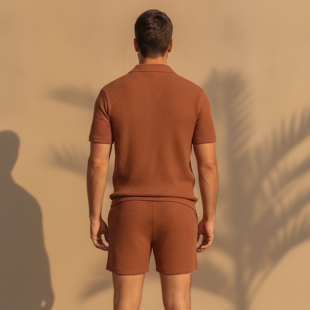 Completo Coordinato Uomo Polo Waffle e Pantaloncini a Coste - vista posteriore