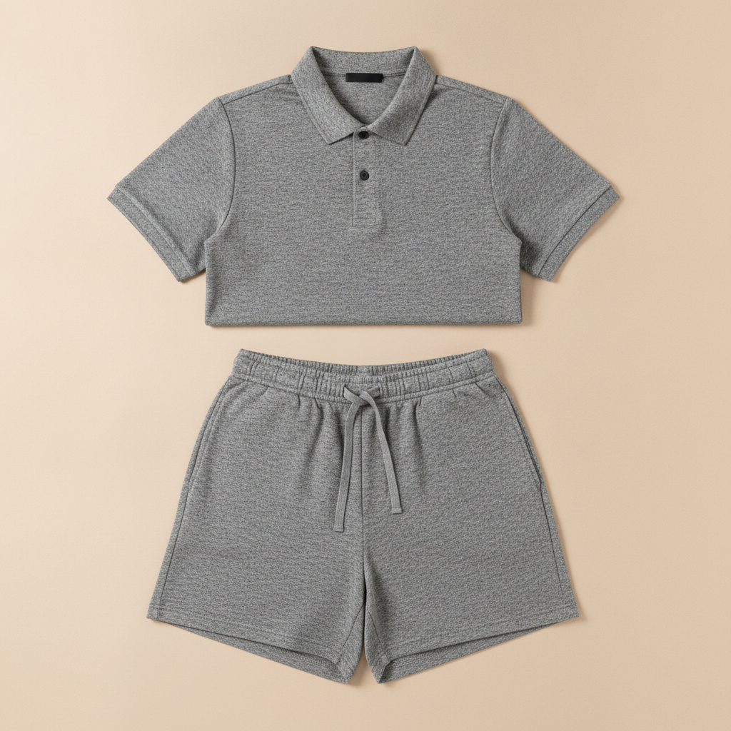 Completo Coordinato Uomo Polo Piqué Testurizzata e Pantaloncini - Grigio Melange