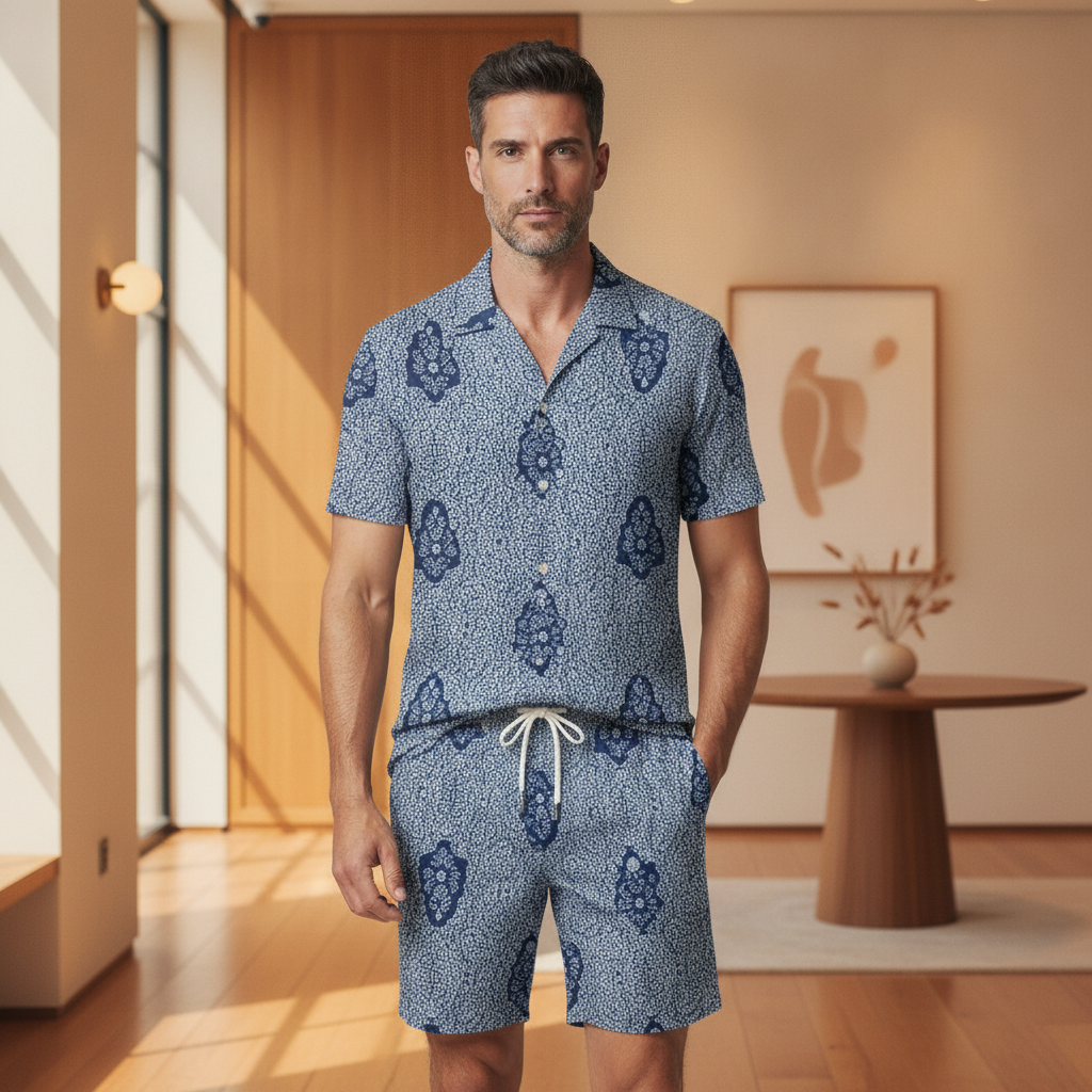 Completo Coordinato Uomo Camicia Batik e Pantaloncini - Batik Indaco - indossato