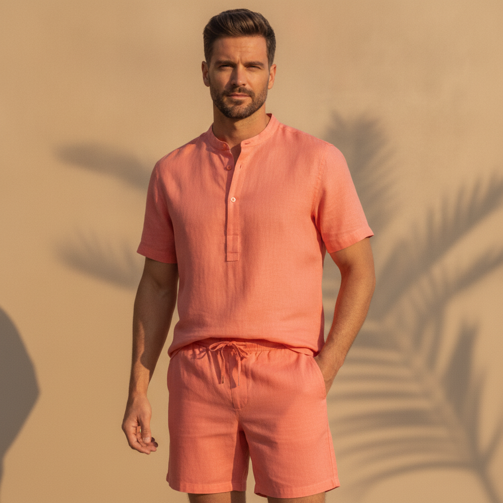 Completo Coordinato Uomo Camicia Lino Tinta Vivace e Pantaloncini - Corallo - indossato